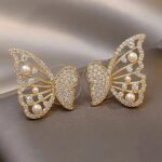 Elegant Butterfly Pearl Crystal Stud Earrings