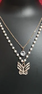 Elegant Double-Layered Pearl & Butterfly Pendant Necklace - Image 2