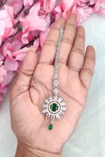 AD White and Green Stone Flower Designer Tikka - Image 2