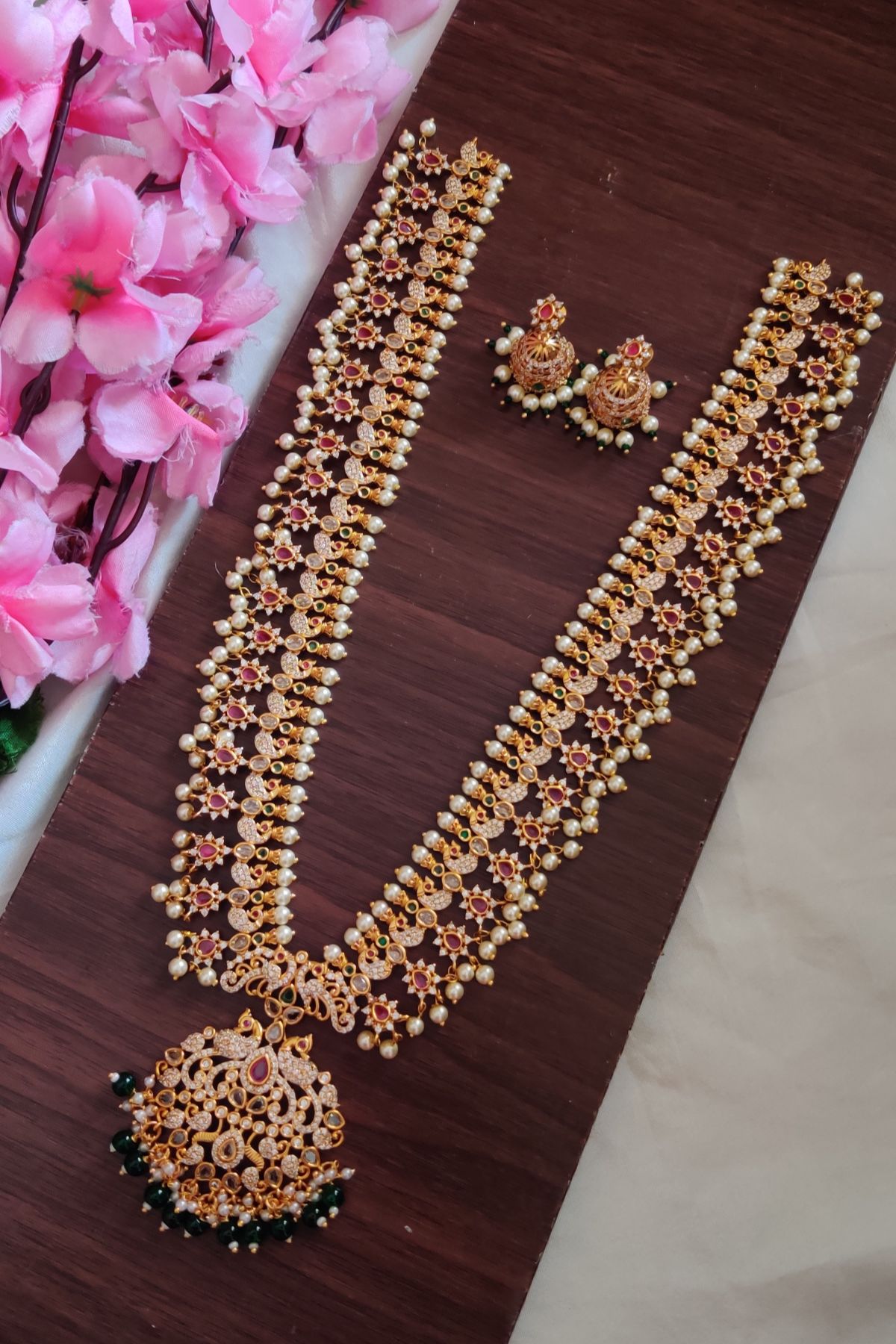 IMG_20250830_125455-2.jpg Peacock Green Beads Designer Long Necklace Set - Image 1